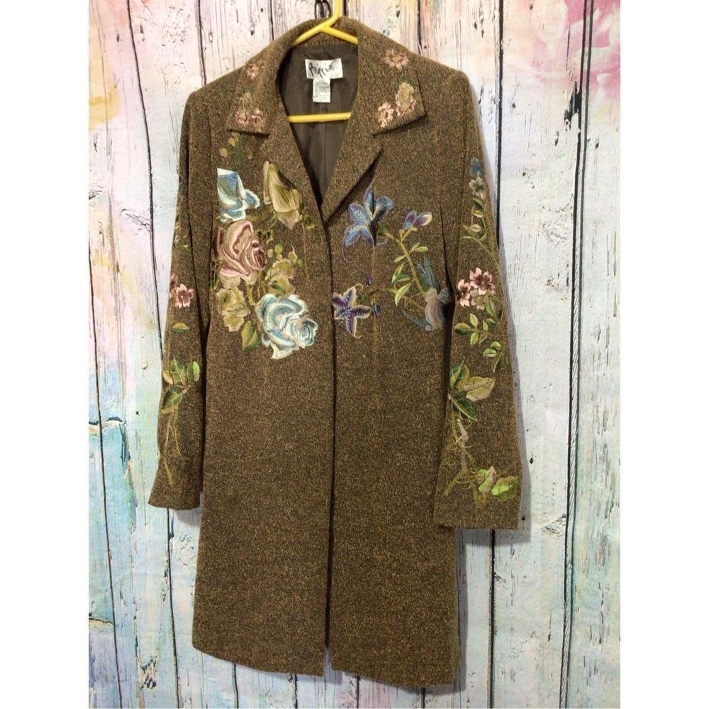 Long Jacket Size 10 Brown Embroidered Tweed Coat PTP 20” - Picture 3 of 14